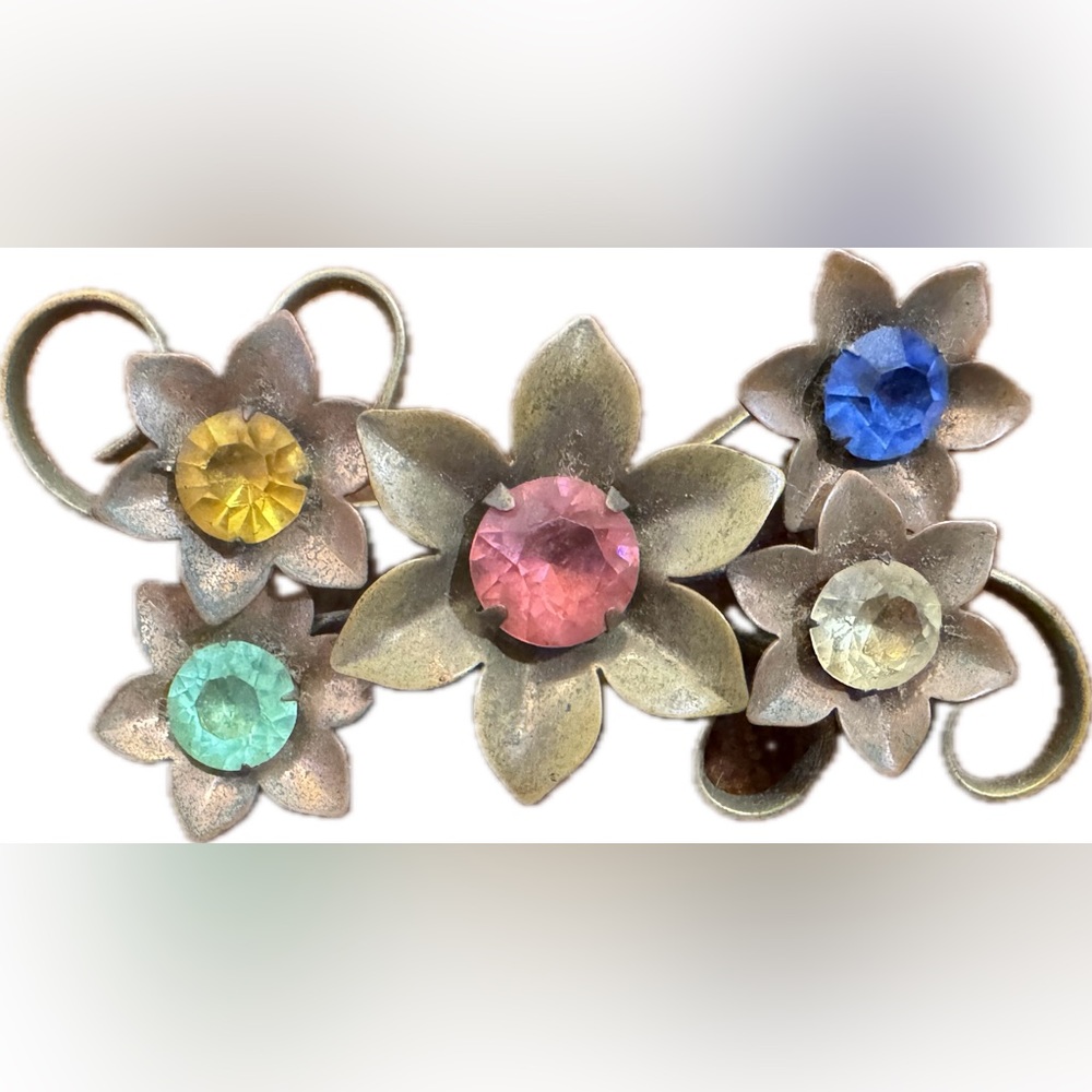 ANTIQUE Copper Floral Brooch with Colored Jewels